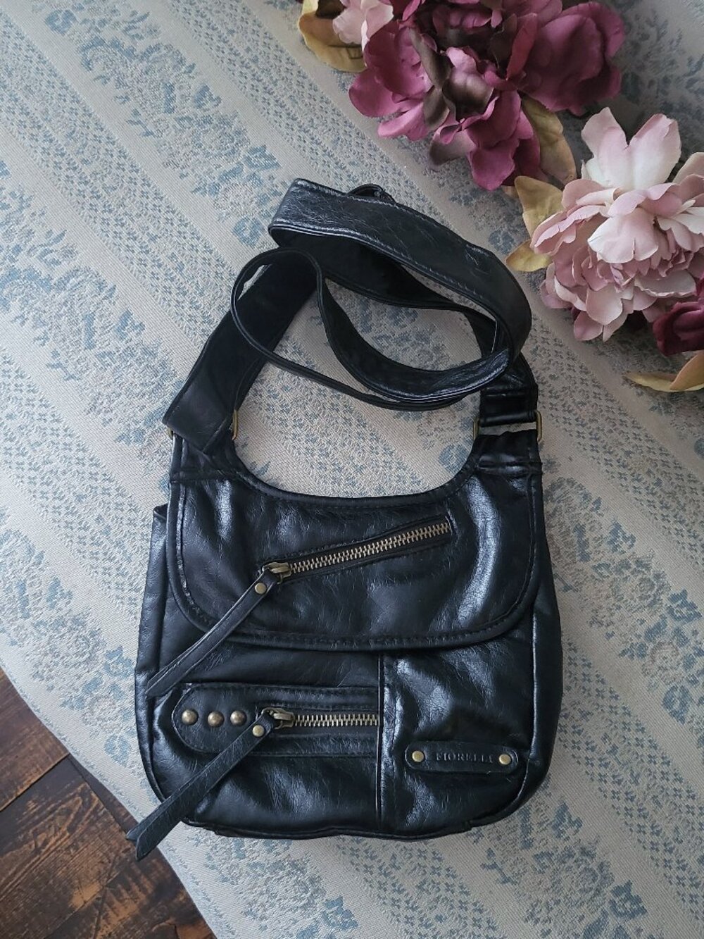 Fiorelli Black Nylon Faux Leather Crossbody Bag Moto Studded Purse